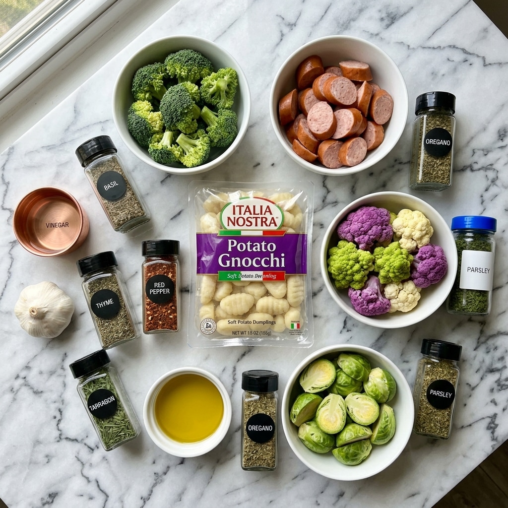 The image shows a top-down view of several ingredients arranged on a white marbled surface. There are five white bowls: one filled with green broccoli florets, one with sliced chicken sausage with a light pink interior and reddish-brown skin, one containing multicolored cauliflower in shades of green, white, and purple, one with green Brussels sprouts, and one small dish with golden olive oil. In the center, there is a clear plastic bag with purple and green labeling showing potato gnocchi inside. Around the bowls are various spice jars with black lids labeled basil, red pepper, thyme, tarragon, and oregano. There is also a small copper-colored cup labeled vinegar, a garlic bulb, and a jar of parsley with blue lid and white label. The setup is tidy and well-lit, highlighting the textures and colors of the fresh ingredients. Photo taken with an iphone --ar 4:5 --v 7