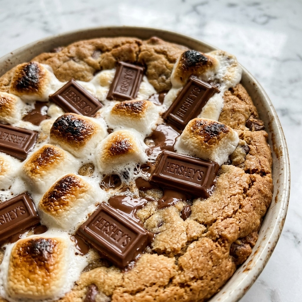A close-up view of a baked dessert with a golden-brown cookie dough base that has a lightly cracked texture. Scattered across the top are toasted marshmallows, showing a soft, fluffy texture with slightly browned tops. Interspersed between the marshmallows are rectangular pieces of shiny, smooth milk chocolate with the brand name embossed on them. The dessert fills the frame, highlighting the gooey, melted appearance of the marshmallows and the glossy finish of the chocolate. The background is a white marbled texture. Photo taken with an iphone --ar 4:5 --v 7