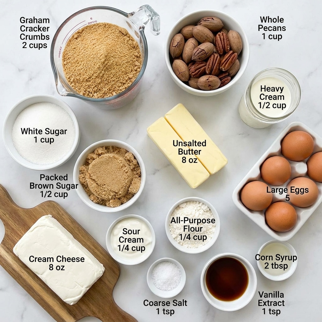 The image shows various baking ingredients arranged on a white marbled surface. On the top left is a clear glass measuring cup filled with light brown graham cracker crumbs. To its right is a white bowl packed with whole pecans in reddish-brown shells. Below the graham crumbs is a white bowl filled with white sugar, and next to it is a white bowl containing light brown packed brown sugar. In the center, there are two rectangular slabs of pale yellow butter. To the right is a small clear glass jar with white heavy cream and a white egg carton holding five brown eggs. On the bottom left, a block of white cream cheese sits on a wooden board. Near it are small white bowls containing a white sour cream, white flour, and coarse salt. One white bowl holds dark brown vanilla extract. A small round white bowl filled with light amber corn syrup is also visible. All items are neatly organized with black text labels showing ingredient names and amounts photo taken with an iphone --ar 4:5 --v 7