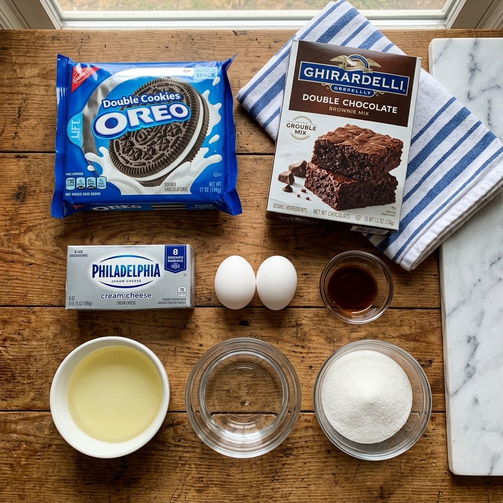 The image shows a wooden surface with several baking ingredients neatly arranged on it. In the top left corner, there is a blue pack of Oreo cookies, slightly opened. Next to it on the right is a box of Ghirardelli Double Chocolate Brownie Mix with a picture of chocolate brownies on the front. Below the Oreo pack is a silver wrapped block of Philadelphia cream cheese. Two white eggs sit side by side in the middle of the setup. To the right of the eggs, there is a small clear glass bowl filled with vanilla extract. Below the cream cheese and eggs is a white bowl filled with light yellow oil. Next to the oil, slightly to the right, is another clear bowl containing water, and beside that is a third clear bowl filled with white sugar. A folded blue and white striped cloth is placed under the brownie mix box on a white marbled textured surface. The whole display is well lit and organized. Photo taken with an iphone --ar 4:5 --v 7