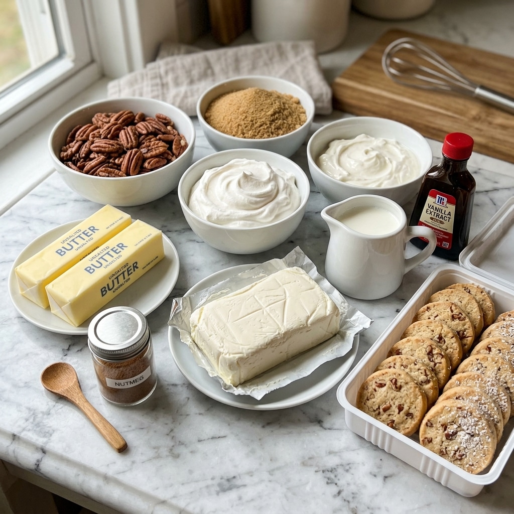 The image shows several white bowls and plates arranged on a white marbled surface, each holding a different baking ingredient. There is one bowl filled with light brown sugar granules, another with smooth white whipped topping with a slight swirl on top, and a third bowl with thick white sour cream. A rectangular block of cream cheese sits on a white plate, showing a creamy texture with some lines on the surface. Next to it is a small white pitcher filled with half and half. There are two sticks of yellow butter placed side by side. A small glass jar with some ground nutmeg and its lid sits near the front. A dark bottle with a red cap holds vanilla extract. A white bowl full of whole pecans is also present. Finally, to the right, there is an open white plastic container showing two rows of round pecan short bread cookies with a golden brown color and some pecan pieces visible inside. Photo taken with an iphone --ar 4:5 --v 7