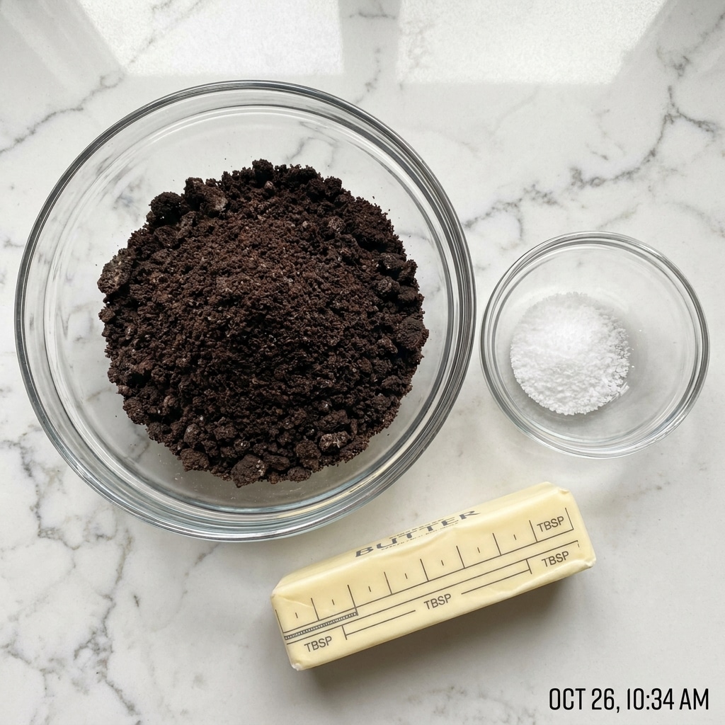 A glass bowl filled with dark brown, finely crushed crumbs sits on a white marbled surface. Next to it, there is a smaller clear glass bowl containing a small amount of white granulated salt. In front of both bowls lies a wrapped stick of pale yellow butter with a label showing measurement markings in tablespoons. Photo taken with an iphone --ar 4:5 --v 7