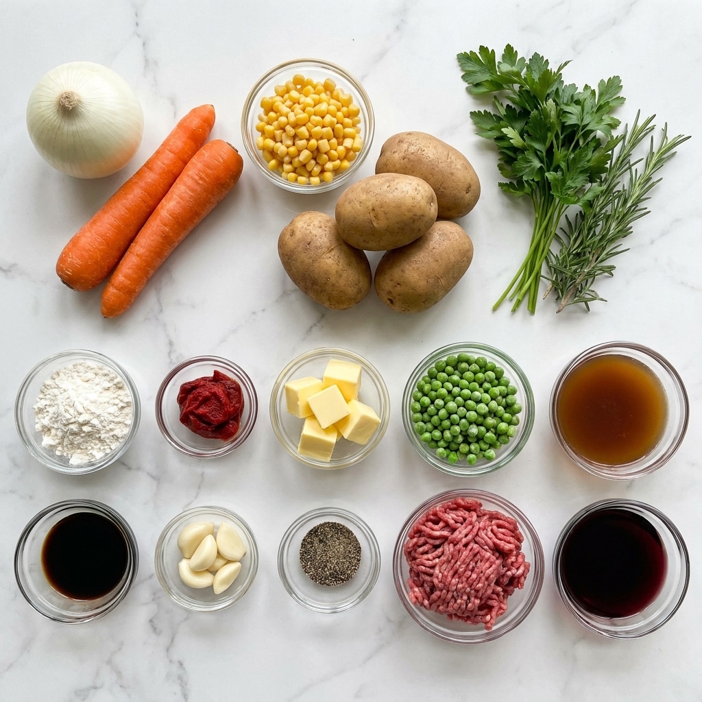 A white marble surface holds a collection of raw ingredients arranged neatly. In the top left corner, there is an onion and two whole carrots, both orange and smooth. Next to them are a small glass bowl filled with yellow corn kernels and four brown potatoes placed closely together. A bunch of fresh green herbs, including parsley and rosemary, lies to the right side. Multiple small clear glass bowls contain white flour, tomato paste, butter cubes, green peas, beef broth, cream, soy sauce, garlic cloves, pepper, and two bowls with beef mince and a dark red liquid, likely wine. The ingredients' colors range from earthy browns and vibrant greens to bright orange and creamy white, giving a natural and fresh feel. Photo taken with an iphone --ar 4:5 --v 7