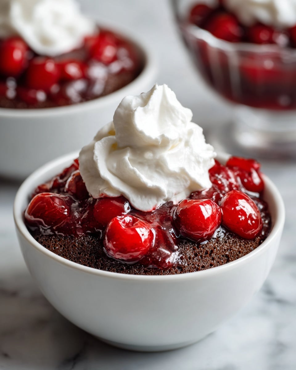 A white bowl filled with a layered dessert. The bottom layer is dark brown chocolate cake, which looks soft and crumbly. On top of the cake is a bright red cherry mixture with glossy, juicy pieces. The dessert is finished with a smooth, thick white dollop of whipped cream placed on top in the center. The bowl sits on a white marbled surface, and a clear glass dish with more of the same dessert is in the blurred background. photo taken with an iphone --ar 4:5 --v 7