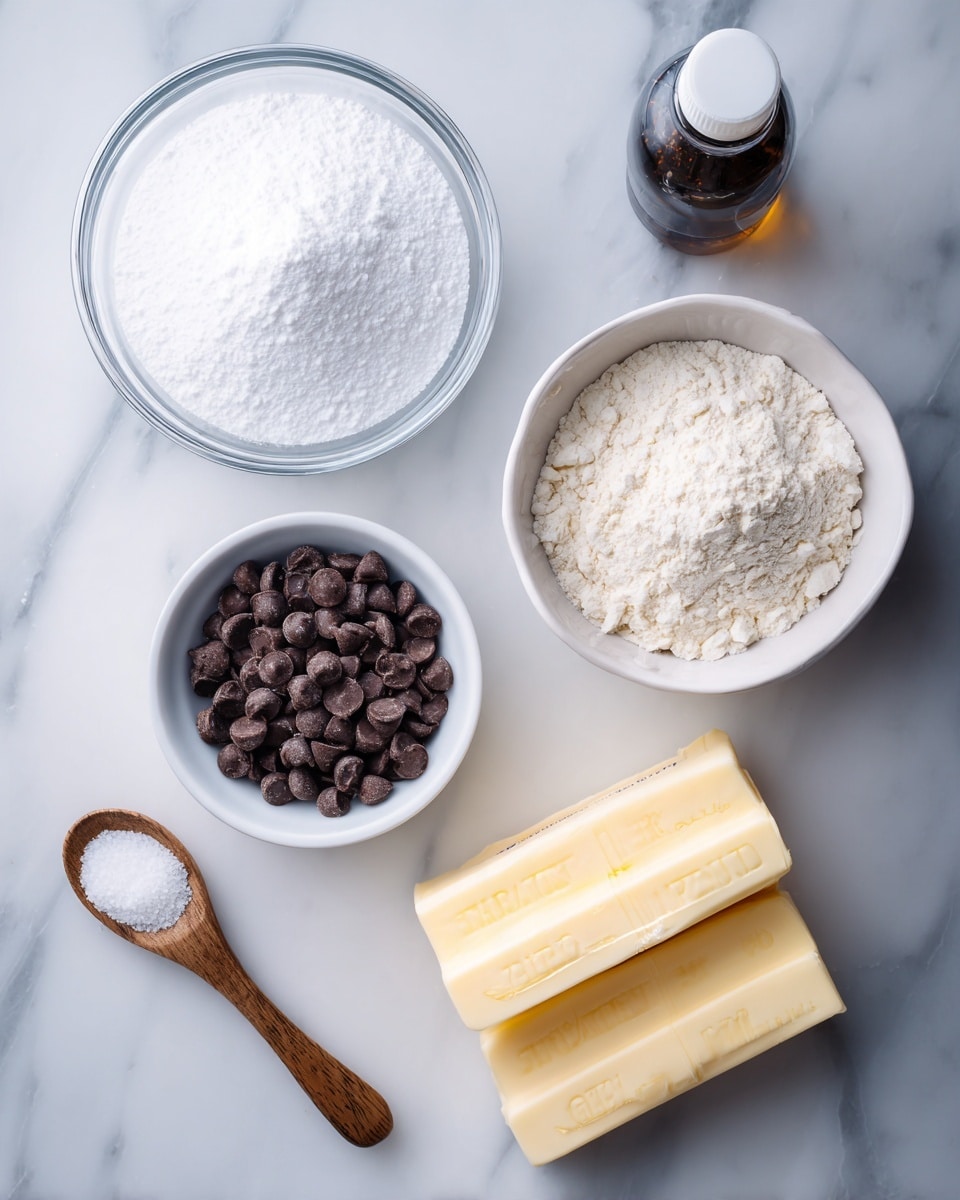 The image shows six ingredients arranged on a white marbled surface. At the top left is a clear glass bowl filled with fine white confectioners sugar, just below it is another clear glass bowl filled with light beige all-purpose flour. To the right of the sugar bowl is a white bowl filled with small, dark mini chocolate chips. On the bottom right, there are two sticks of pale yellow unsalted butter stacked side by side with visible text on the wrappers. Above the butters is a small, dark bottle of vanilla extract with a white cap. On the bottom left of the image is a small wooden spoon holding a pinch of white salt. Each item is clearly labeled with block text on white labels over the image. photo taken with an iphone --ar 4:5 --v 7
