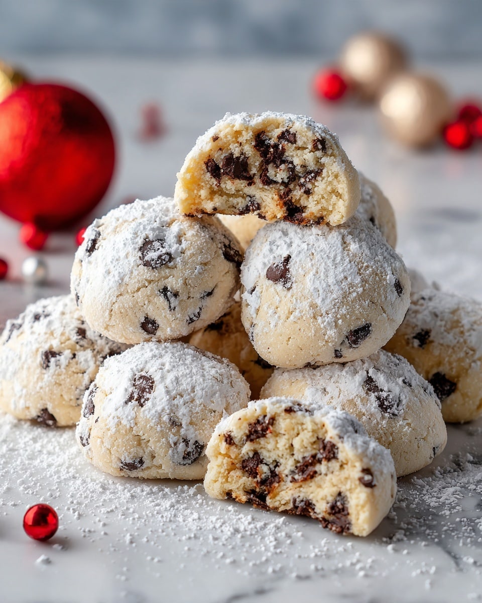 This image shows a pile of round cookies dusted with powdered sugar, placed on a white marbled surface. Each cookie has a pale beige color with dark chocolate chips mixed inside, visible especially in the broken cookie halves sitting on top of the pile. The cookies have a soft, crumbly texture with the chocolate chips spread unevenly but generously throughout. The background has some red beads and light beige decorative elements blurred, focusing attention on the cookies. photo taken with an iphone --ar 4:5 --v 7