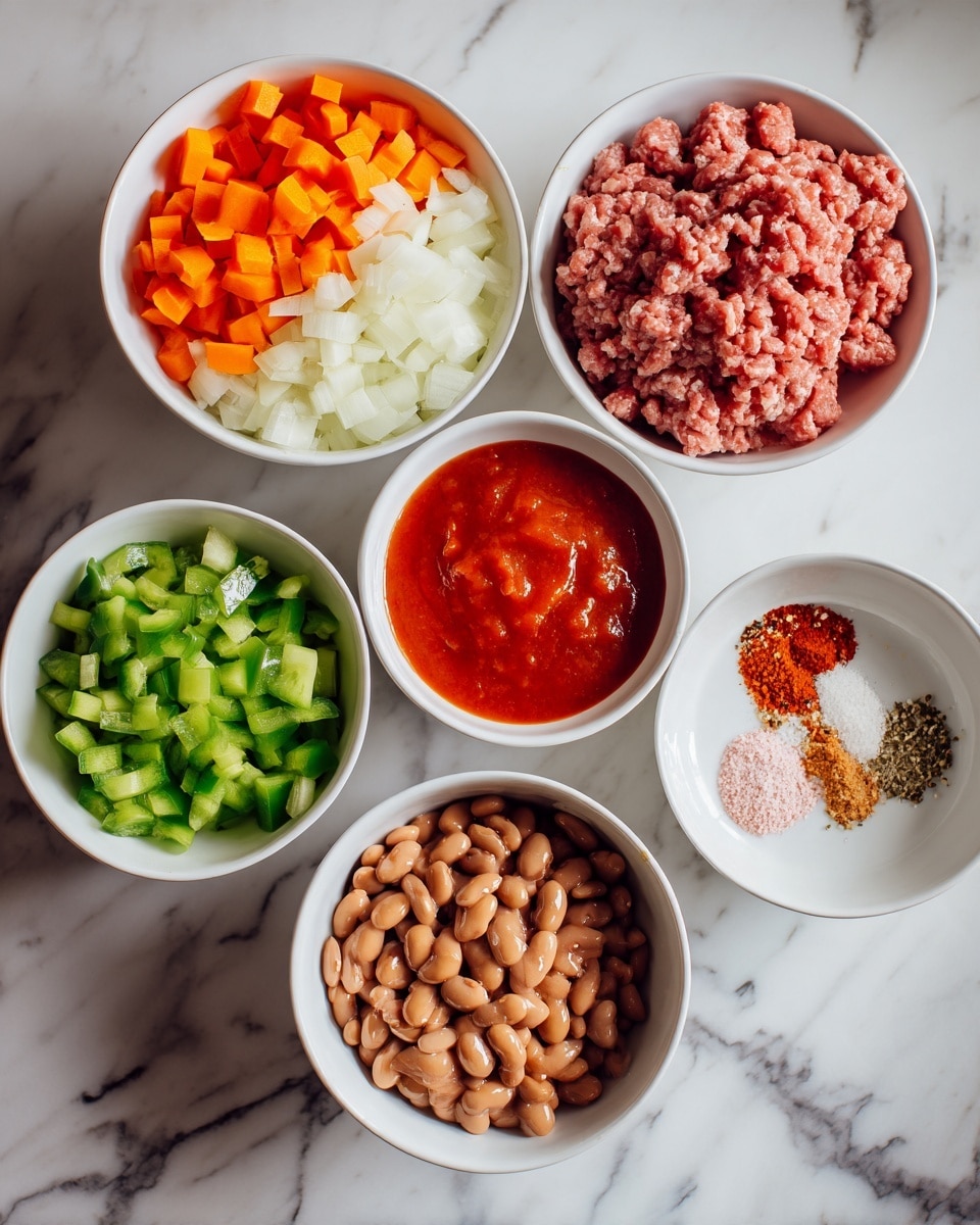 The image shows six white bowls on a white marbled surface, filled with different cooking ingredients. The top left bowl has three layers of chopped vegetables: bright orange carrot slices on top, finely diced white onions on the left, and chopped green bell peppers below. The top right bowl is filled with raw ground meat in a pinkish-red color with white fat mixed in. The middle left bowl contains a thick bright red sauce. The middle right bowl holds a mixture of spices including red pepper flakes, light brown granules, and coarse pink salt all separated in a circle. The bottom left bowl shows a clear liquid, likely water, with slight reflections. The bottom right bowl is filled with brown beans in a thin sauce. The photo was taken with an iphone --ar 4:5 --v 7