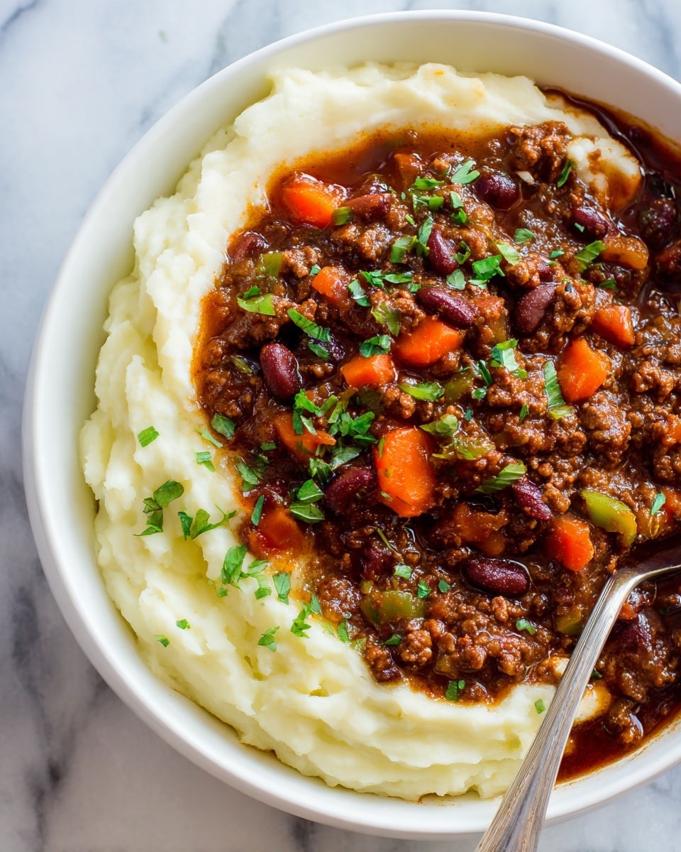 A close-up view of a white bowl with two layers of food on a white marbled surface. The bottom layer is creamy mashed potatoes, light off-white in color, fluffy, and spread around the edge of the bowl forming a ring. The top layer is a thick, dark brown meat sauce with visible chunks of ground meat, beans, sliced carrots, and pieces of green bell pepper, covering the center of the mashed potatoes. Small bits of chopped fresh green herbs are sprinkled on top of the meat sauce and mashed potatoes. A silver spoon rests on the right side inside the bowl. Photo taken with an iphone --ar 4:5 --v 7