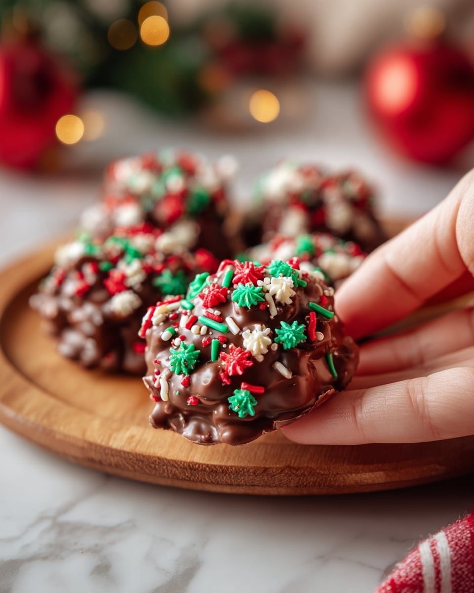 A woman's hand holds a small, irregularly shaped cluster covered in smooth, milk chocolate. The chocolate cluster is topped with tiny red, white, and green round and rod-shaped sprinkles, giving a festive look. In the background, more chocolate clusters with the same sprinkle decoration rest on a wooden board, slightly out of focus. The background has a soft, warm tone with blurred holiday decorations. The photo is set on a white marbled surface. photo taken with an iphone --ar 4:5 --v 7