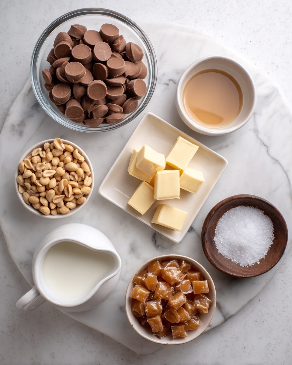 The image shows seven small white bowls and plates on a white marbled surface, each holding different ingredients. The top left bowl is clear glass filled with many brown candy melts shaped like discs. To its right, a small white bowl contains a light brown liquid labeled vanilla. Below that, a small square white plate holds three pale yellow cubes of butter. At the bottom left, there is a white pitcher with white cream. Next to it, a white bowl is full of light brown roasted peanuts. Below the peanuts is a clear glass bowl filled with shiny, light brown caramel cubes. Finally, a small dark wooden bowl contains white coarse salt. The bowls are arranged loosely in a vertical and horizontal pattern with text labels in black and white around each item. Photo taken with an iphone --ar 4:5 --v 7