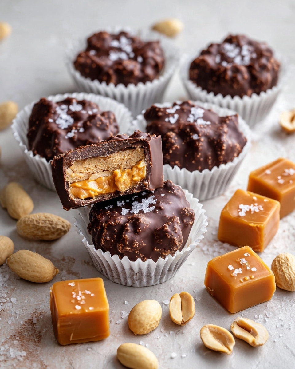 The image shows several chocolate clusters with a rough, bumpy texture on top, placed in white paper cups on a light brown surface. One cluster is broken in half, revealing its inside layers filled with light brown peanuts covered in a smooth caramel layer, all held together by the outer dark chocolate shell. Around the clusters are scattered whole peanuts in their shells and some soft caramel squares with a smooth, shiny surface. The closest cluster has a sprinkle of white salt crystals on top. The setting is on a white marbled texture. Photo taken with an iphone --ar 4:5 --v 7