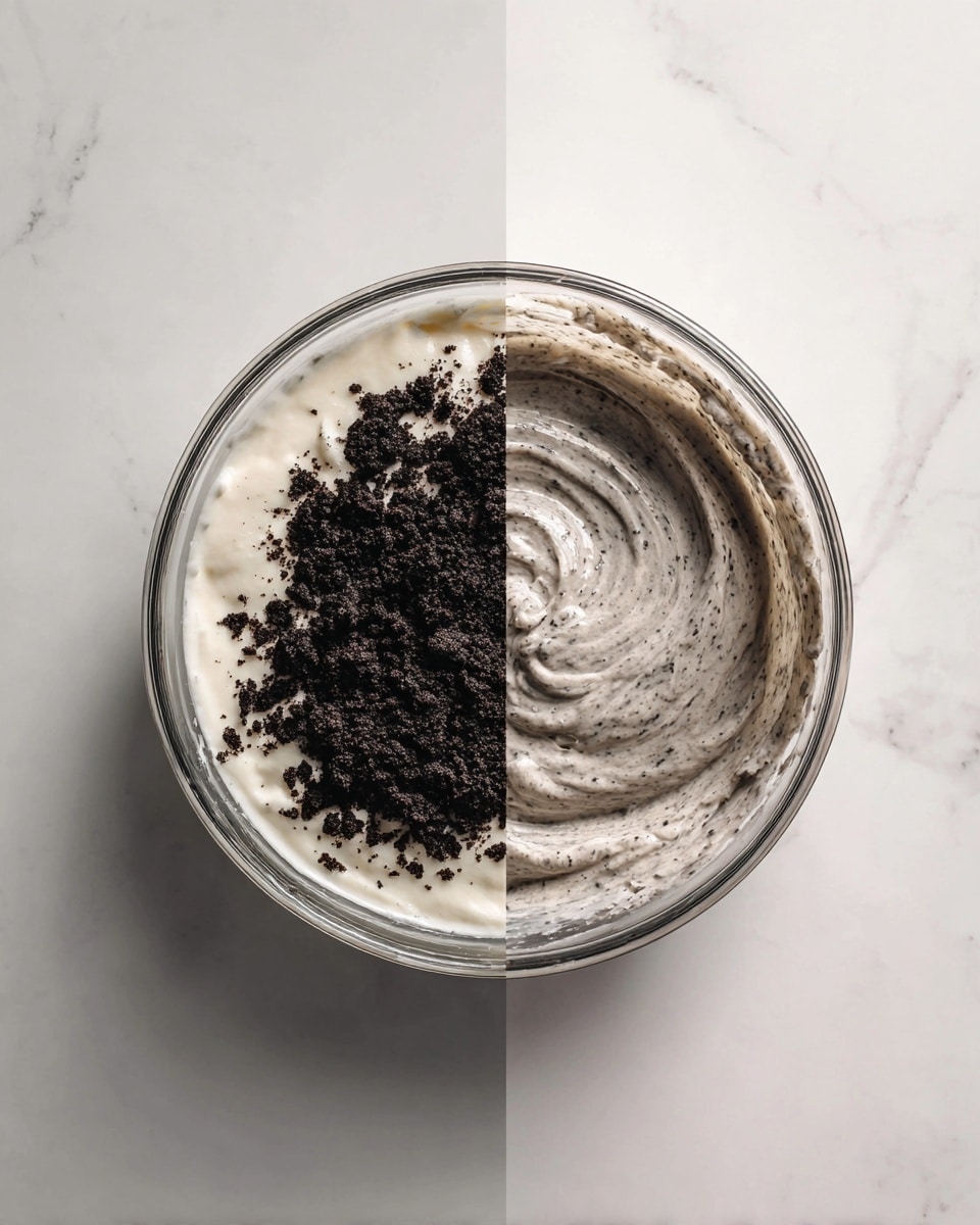 A clear glass bowl sits on a white marbled surface, shown in two side-by-side views. On the left side, the bowl contains a smooth, thick white cream base with a dark pile of crushed cookie crumbs resting on top near the center. On the right side, the bowl shows the same cream thoroughly mixed with the cookie crumbs, creating a light gray mixture speckled with small dark bits throughout, with a creamy texture that swirls gently inside the bowl. photo taken with an iphone --ar 4:5 --v 7