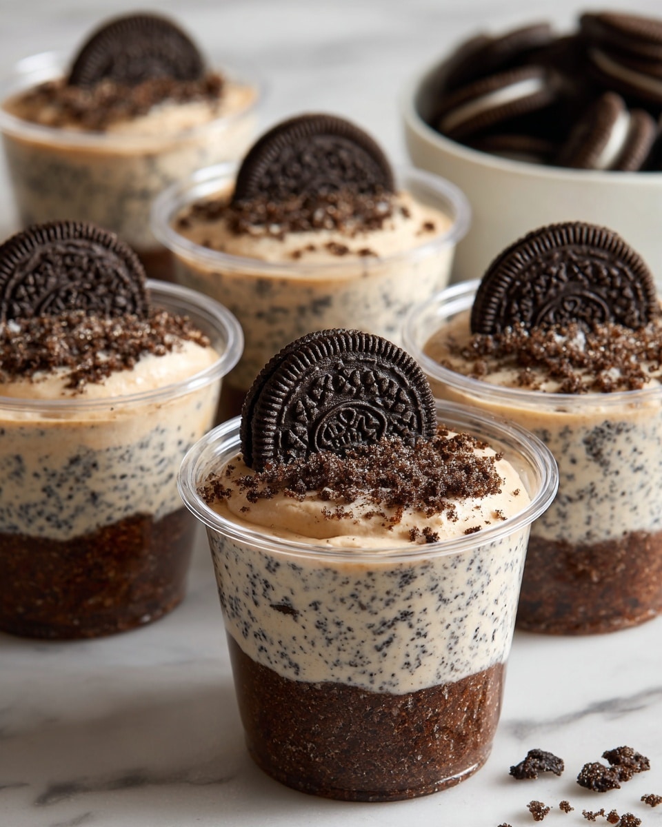 The image shows clear plastic cups filled with a dessert that has two main layers. The bottom layer is dark brown and looks like crushed cookies. The top layer is light cream colored with tiny black cookie crumbs mixed in, giving it a speckled texture. Each dessert cup is topped with one whole dark chocolate sandwich cookie with cream filling, placed flat in the center. The cups and cookies are arranged closely together on a white marbled surface. In the background, there's a white bowl filled with more whole dark chocolate sandwich cookies. photo taken with an iphone --ar 4:5 --v 7