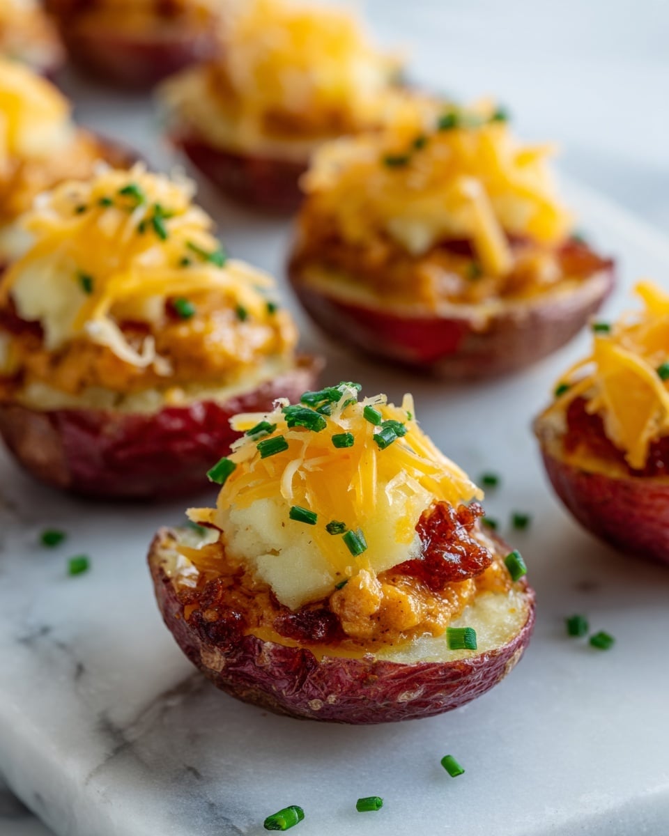 The image shows small potato skins placed on a white marbled surface with soft focus on the background. Each potato skin has three layers: at the bottom, a red potato skin with some mashed potato inside, followed by a layer of golden-brown mustard or sauce with a grainy texture, then a layer of shredded cheese in pale yellow and orange colors on top, sprinkled with finely chopped green chives for color contrast. The cheese looks fresh and slightly soft while the potato skins look slightly crisp at the edges. photo taken with an iphone --ar 4:5 --v 7