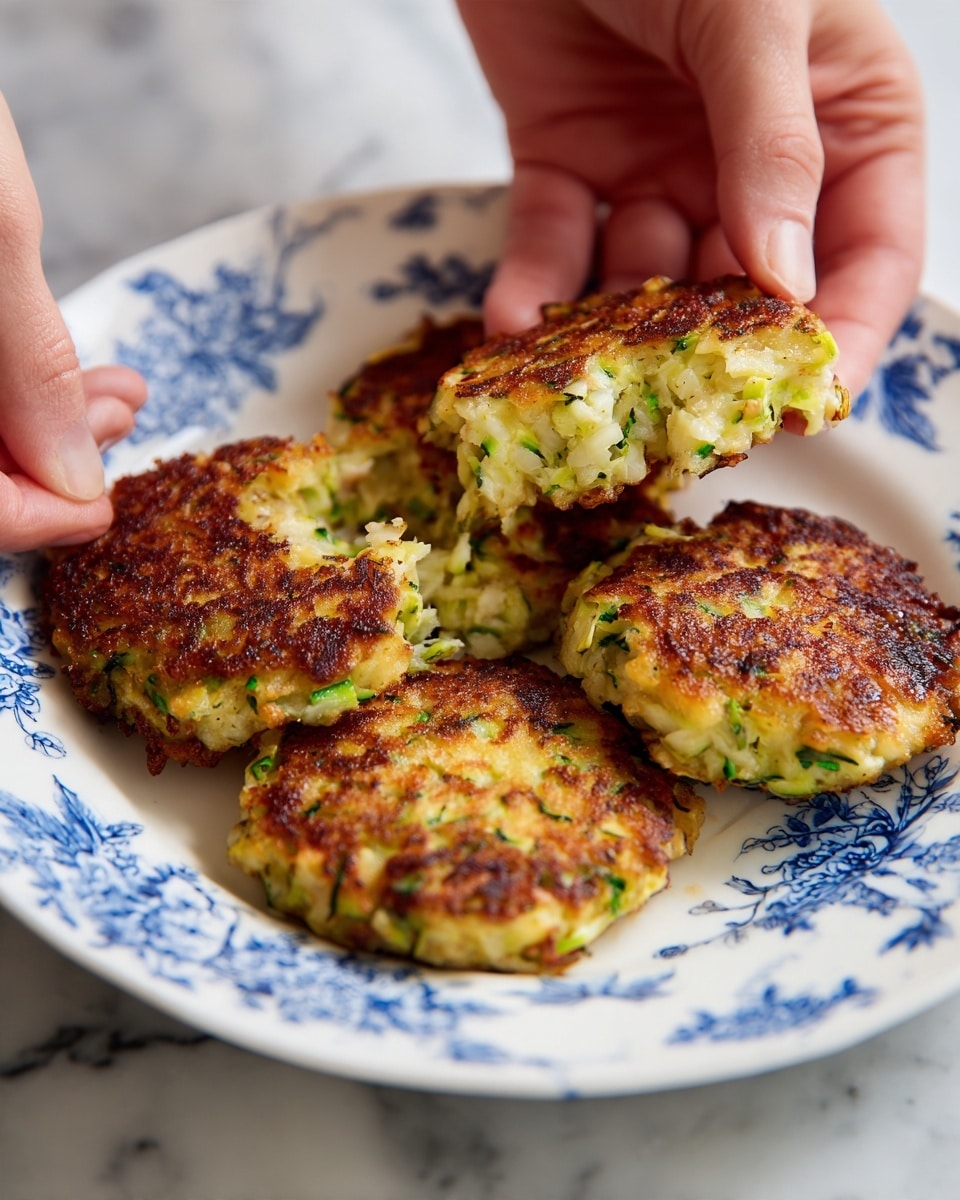 A white plate with a blue floral pattern holds four golden-brown vegetable patties. A woman's hands are pulling apart one patty, showing its inside layers filled with green and light yellow bits, suggesting shredded zucchini or similar vegetables mixed with batter. The patties have a crispy, browned outer texture with a soft, moist interior. The plate is placed on a white marbled surface. photo taken with an iphone --ar 4:5 --v 7