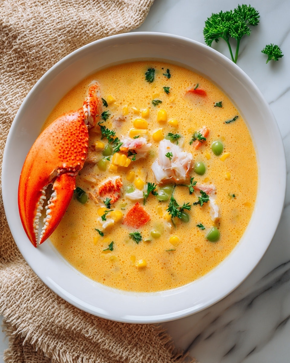 A white bowl filled with a creamy orange soup that has a smooth texture with small bits of vegetables like yellow corn, light green broad beans, and orange carrot pieces scattered throughout. On the left side of the bowl, a large crab claw shows a bright orange shell fading into white near the base, partially submerged in the soup. Near the center right, a small pile of white crab meat chunks rests on the surface. Small green parsley leaves are sprinkled around the soup, adding contrast. The bowl sits on a white marbled surface with a beige woven cloth partially visible in the top left corner. photo taken with an iphone --ar 4:5 --v 7