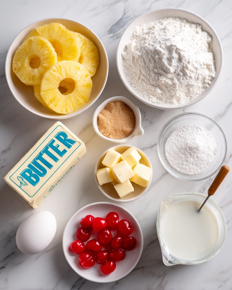 The image shows several small white bowls and containers with different ingredients placed on a white marbled surface. There is one bowl with four yellow pineapple rings, another bowl with light brown sugar, and a small dish holding five bright red maraschino cherries. A medium glass bowl holds white flour, while a small white dish has yellow butter cubes. There is a block of butter wrapped in paper labeled
