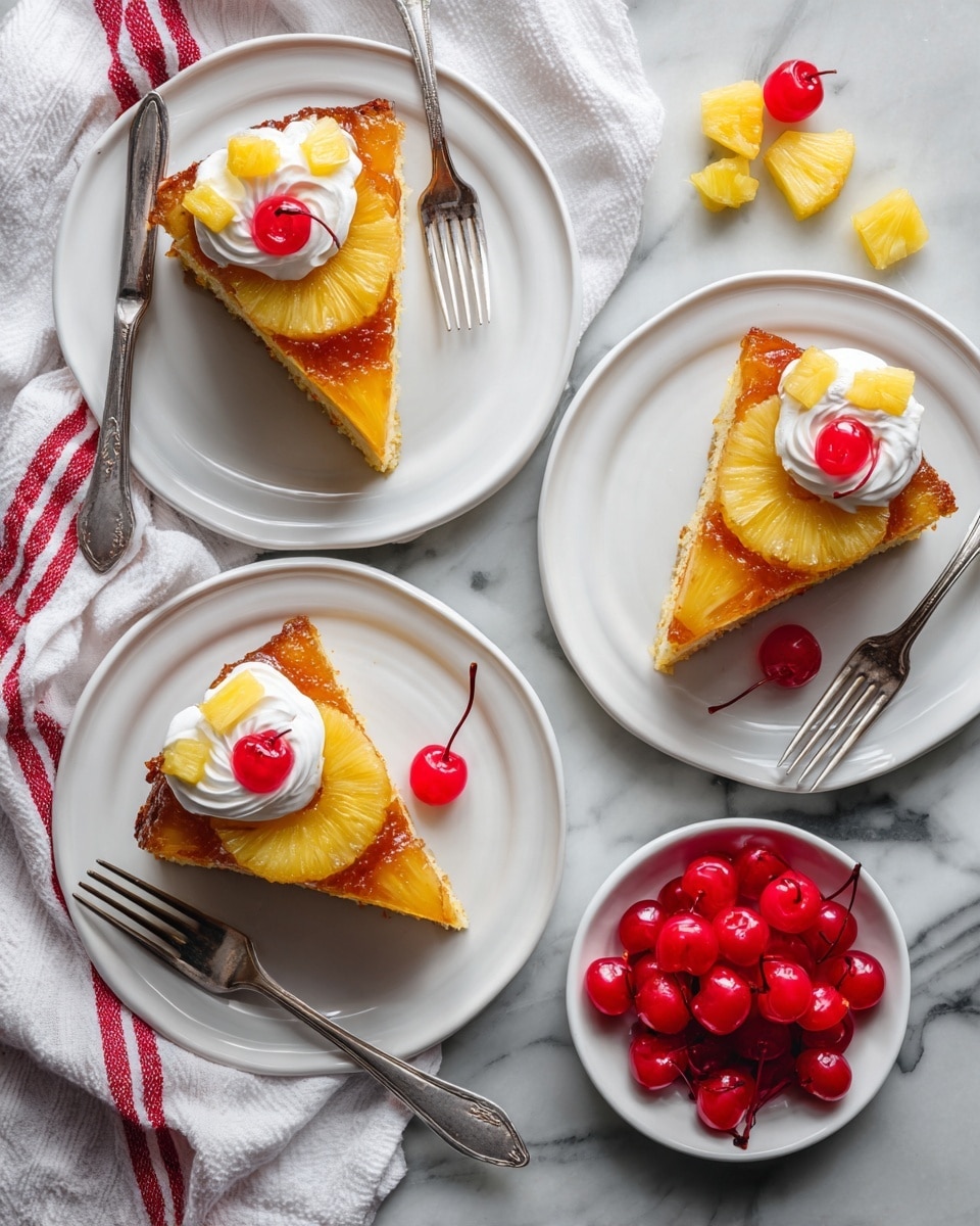 Three white plates each have a slice of pineapple upside-down cake with a thick golden brown top layer, a yellow pineapple ring with a red cherry in the center. Each slice has a dollop of white whipped cream on the side, two topped with a cherry and one topped with small yellow pineapple pieces. Silver forks rest on each plate with the handles extending away from the cake slices. Nearby is a pile of red cherries with stems in a small white bowl, extra pineapple rings on a white plate, and a white cloth with red stripes on a white marbled surface. The photo taken with an iphone --ar 4:5 --v 7