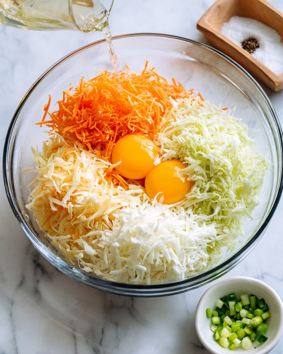 A clear glass bowl filled with four separate piles of shredded ingredients: bright orange shredded carrot on the left, white shredded cheese next to it, another pile of white shredded cheese or possibly cabbage on the right, and light green shredded cabbage or similar vegetable next to that. Two raw egg yolks sit on top near the center of the bowl. A clear liquid is being poured into the bowl from above. The bowl is placed on a white marbled surface with a small white bowl of diced green vegetables and a container of salt nearby. photo taken with an iphone --ar 4:5 --v 7