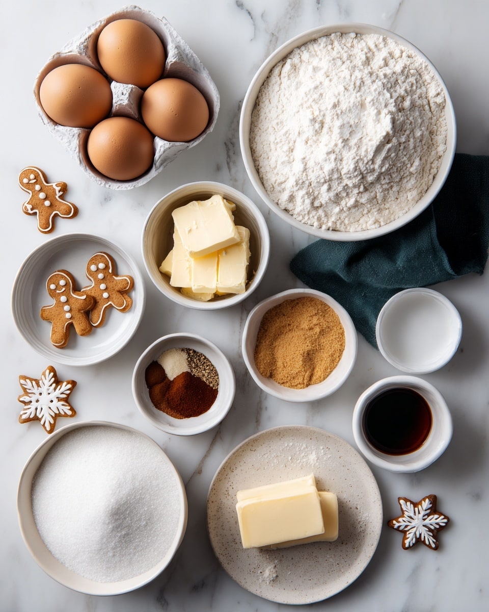 The image shows an overhead view of several white bowls and small dishes arranged neatly on a white marbled surface. There are two large white bowls at the top holding white flour and powdered sugar, and next to them are two brown eggs in a white egg holder with a dark green cloth nearby. Below are smaller white dishes with light brown softened butter, a mixture of four different brown spices on a round plate, white and light brown sugar in separate bowls, and a small cup of water. Additionally, there is a small bowl with a dark liquid, and a smaller round dish holding vanilla extract. Two sticks of pale butter are placed at the bottom left. A couple of small gingerbread cookies shaped like a gingerbread man and a snowflake are placed near the sugar dishes. photo taken with an iphone --ar 4:5 --v 7