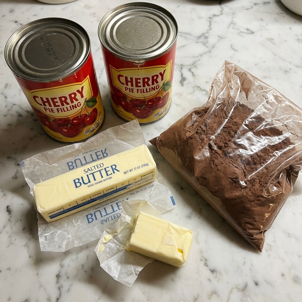 The image shows four baking ingredients on a white marbled surface: two red cans of cherry pie filling with bright red and yellow labels placed near the top left, one full stick of salted butter with blue lettering horizontally below the cans, a smaller piece of the same butter with similar text positioned at the butter stick's lower right, and a clear plastic bag filled with brown cocoa powder or dry mix lying to the right of the butters. The textures include smooth metal cans, the smooth butter surface with printed text, and the powdery look of the cocoa in the plastic bag. photo taken with an iphone --ar 4:5 --v 7