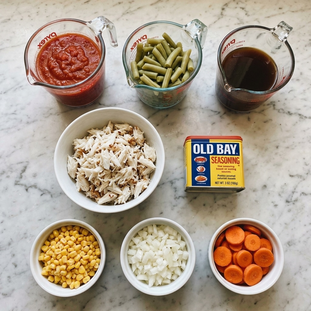 This image shows seven food items arranged in a grid on a white marbled surface. The top row has three clear glass measuring cups, from left to right: the first filled with a bright red chunky tomato mixture, the second with pale green beans, and the third with a dark brown liquid. Below these, a large white bowl is filled with shredded white crab meat with some brown bits mixed in. Next to it is a close-up of a yellow, blue, and red seasoning container labeled