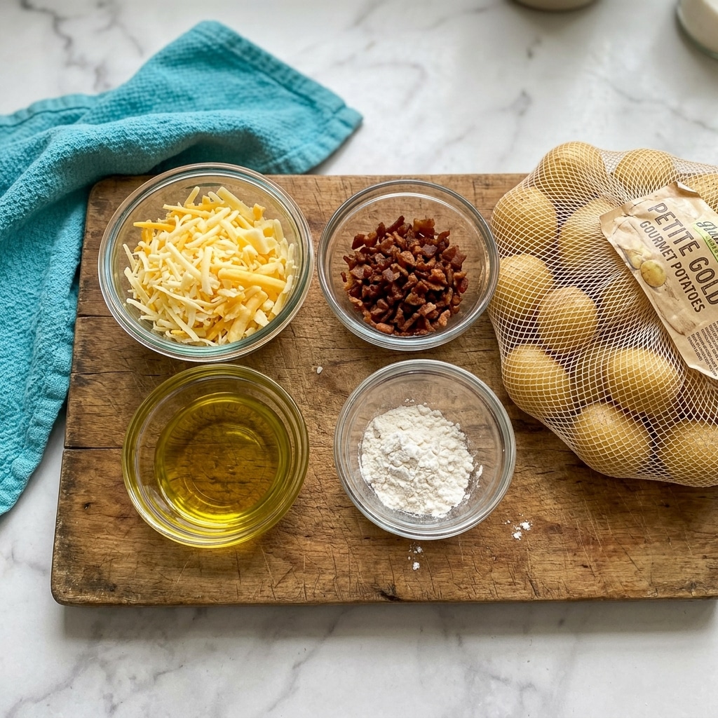 The image shows a wooden board holding four clear glass bowls arranged in a square-like shape. The top-left bowl contains shredded yellow cheese with a mix of fine and chunkier pieces. Below it, the bottom-left bowl is filled with golden-yellow oil liquid. On the top-right, there is a bowl with small, dark brown crispy bacon bits. The bottom-right bowl holds a small amount of white flour powder. Next to the bowls, there is a beige mesh bag labeled